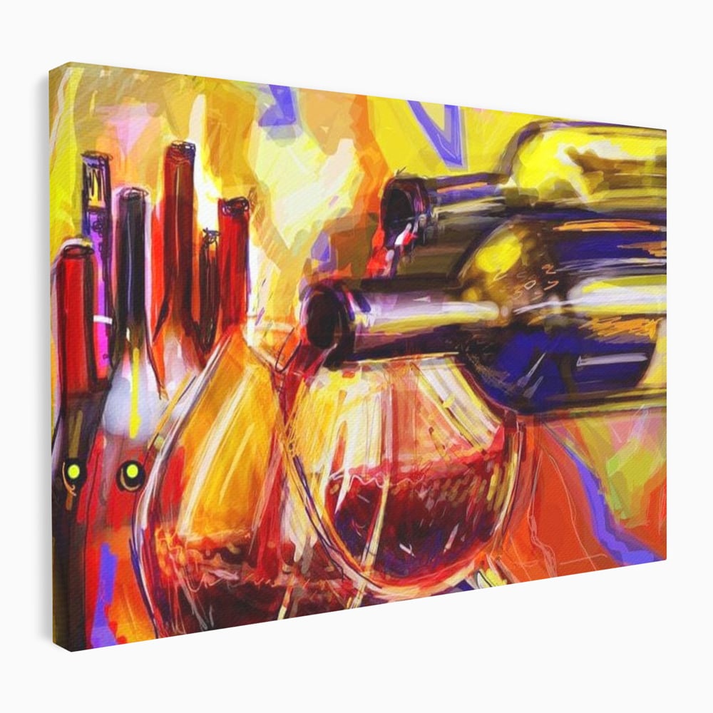 Tablou canvas cu pictura abstracta cu sticle si pahare de vin, fara rama, pe sasiu de lemn